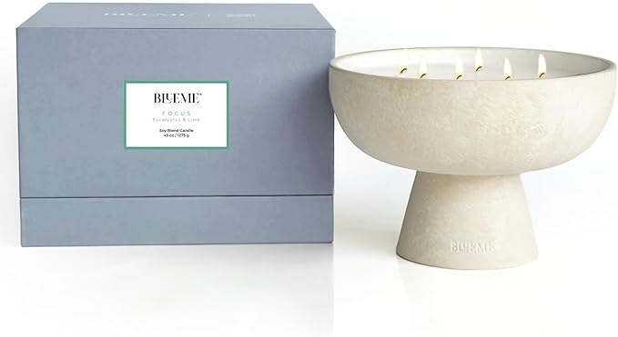 BLUEME Focus - Eucalyptus & Lime, Luxury Candle w/Essential Oils, 6 Wick, Hand-Poured Soy, Cotton Wick, Ceramic