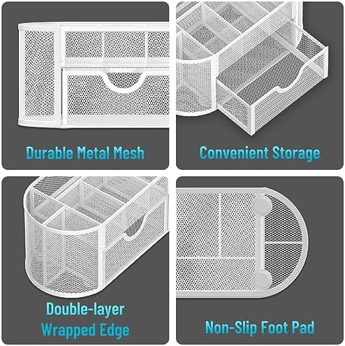 Mesh Desk Organizer with Drawer, 9-Compartment Pen Holder for Desk, White - Image 4
