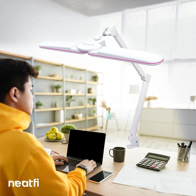 Neatfi Elite HD XL LED Desk Lamp, 3 Light Modes, 90PCS SMD LED, Non-Polar Dimming, Bright Eye-Caring Lighting for Home Office, Drafting, Beauty Shop, Workbench (CCT with Clamp, Pink Ring, 17 Inches)
