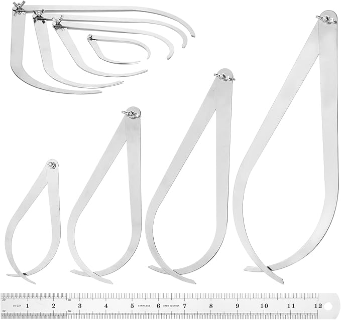 Relaxweex 5 Pcs Pottery Calipers 12" 10" 8" 4", Bent-Leg Stainless Steel Caliper and Straight Ruler Ceramic Clay Measuring Tools for Carving, Shaping, Clay Sculpture, Modeling
