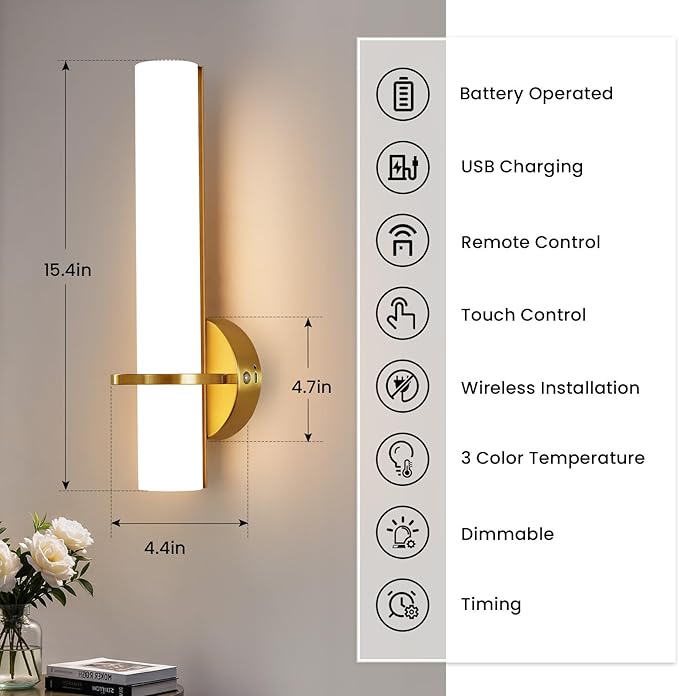 Battery Operated Wall Sconces, 15 Inch Gold Wireless Wall Sconces Set of Two, 10000mAh Rechargeable Sconces with Remote Control, 3000K-6000K Modern LED Dimmable Wall Lights for Bedroom Living Room
