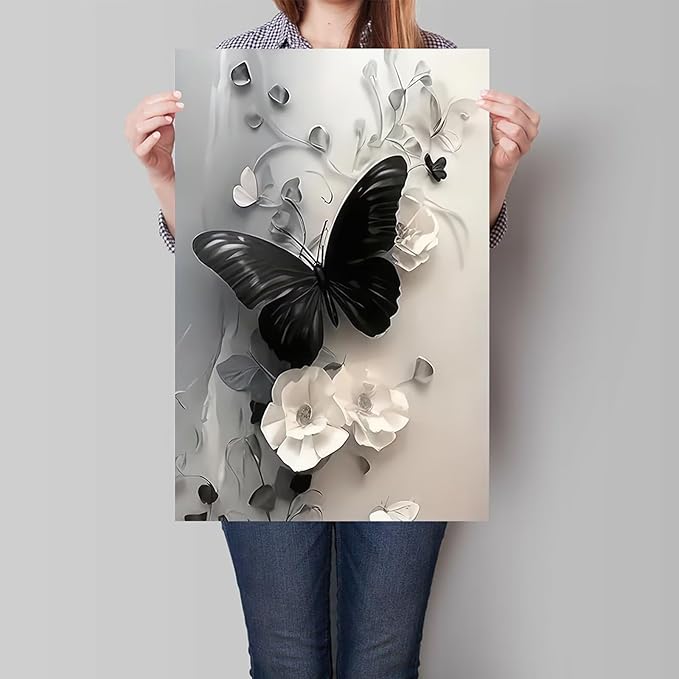 Black Butterfly with Flowers Canvas Poster Modern Minimalist Wall Art Trendy Elegant Painting Prints Vintage Nature Botanical Aesthetic Home Decor for Bedroom Living Room 12x16inch Unframed
