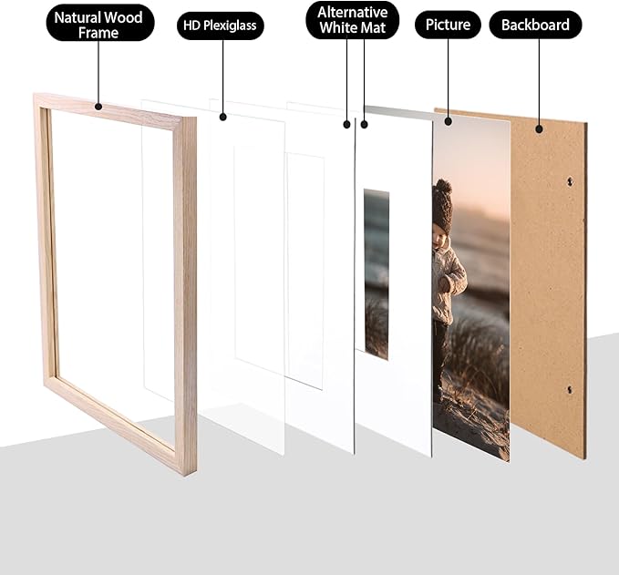 KINLINK 9x12 Picture Frames Natural, Solid Wood Frames with Acrylic Plexiglass for Pictures 5x7/6x8 with Mat or 9x12 without Mat, Tabletop and Wall Mounting Display, Set of 4