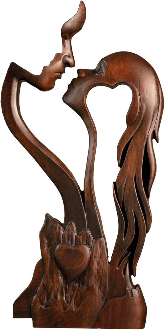 BGCOPPER Wooden Kissing Couple Ornament, Abstract Couple Portrait Sculpture Romantic Love Statue Decor Gift for Women Anniversary Valentine Wedding - 10 Inch