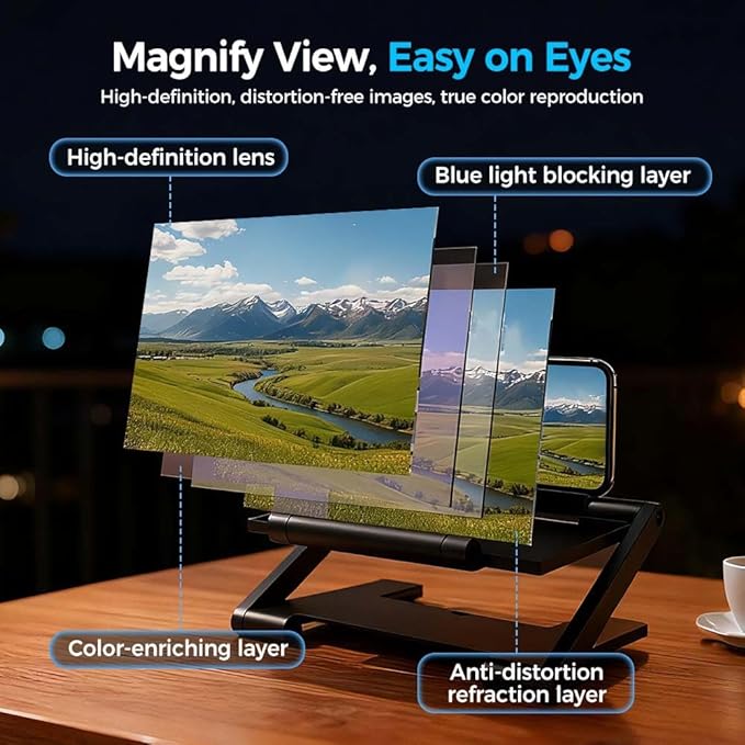 Mobile Phone Magnifier Screen, 3D HD Magnifying Projector Screen Enlarger, Foldable Phone Stand with Screen Amplifier for Movies Videos Gaming, Compatible with All Smartphones (White Liftable, 8inch)