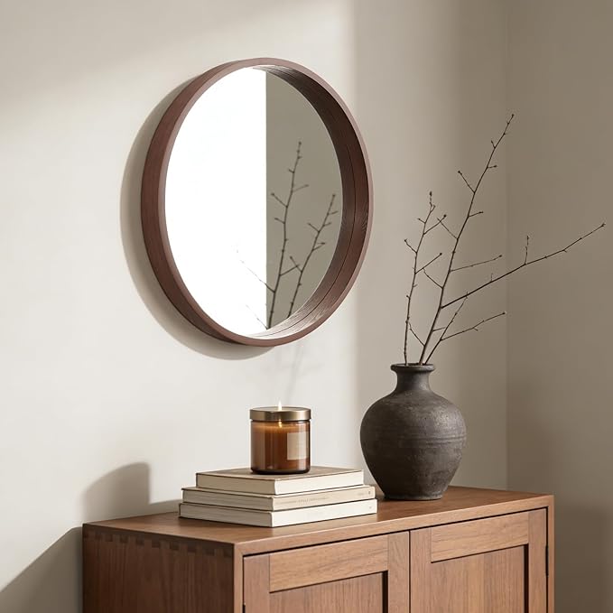 WallBeyond 24 Inch Round Wood Mirror, Circle Wooden Frame Wall Mirror for Bathroom, Living Room, Bedroom, Entryway (Walnut)