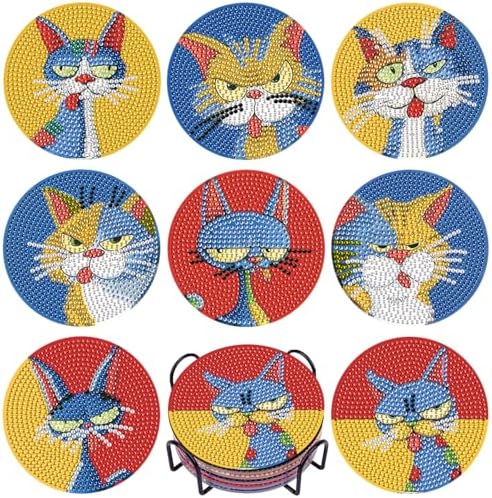 DOTSOPS 8 PCS Cat Diamond Art Coasters Kits for with Holder Beginners 4 in by DOTSOPS