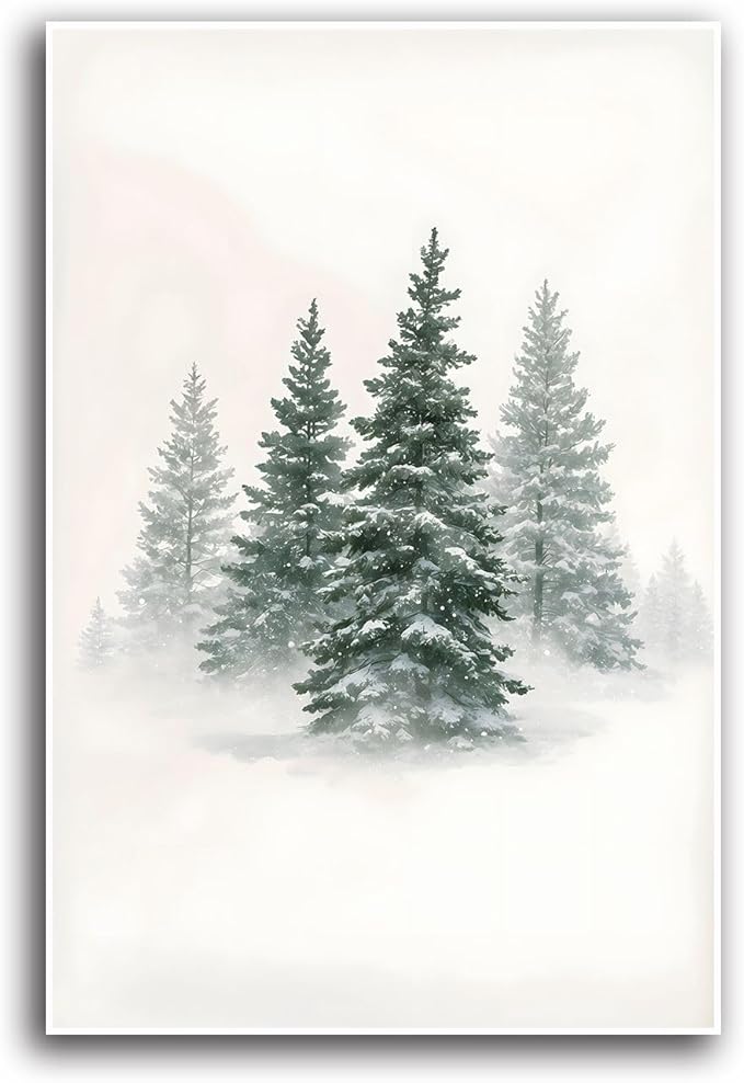 Canvas Wall Art Snowy Evergreen Trees Print Winter Forest Wall Art Christmas Watercolour Painting Winter landscape Snowy Pine tree poster 24x36in-UnFramed