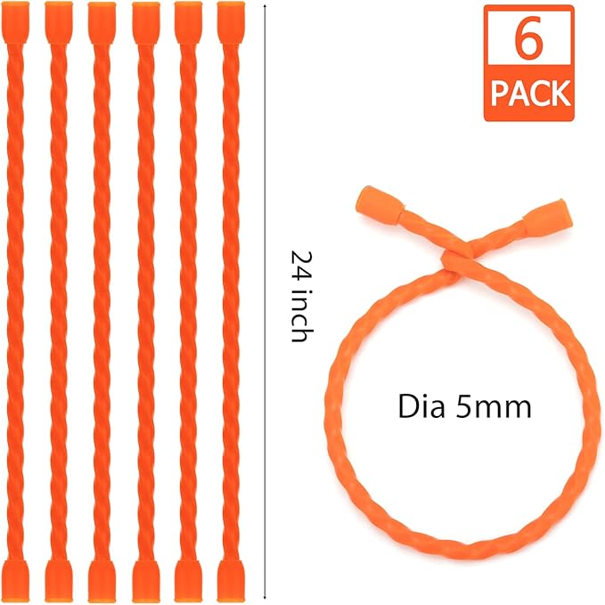 Gesipor 6 PCS 24-Inch Silicone Cable Ties Dia 5mm Reusable Steel-Core Rubber Twist Ties Bendable Cable Ties for Bundling and Holding, All Purpose Cord Tie for Indoor and Outdoor (Orange)
