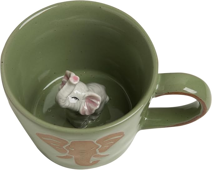 DIHOclub Elephant Coffee Cup Ceramic 3D Wild Animal Inside Mug,Cute Cartoon Handmade Figurine Mugs,Holiday and Birthday Gift for Coffee Milk Tea Lovers,12 O(Green Elephant)