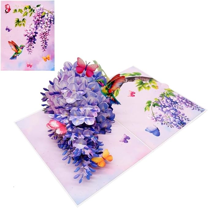 3D Pop Up Greeting Card – Hummingbird with Wisteria & Butterflies – Elegant Floral Card for Birthday, Mother’s Day, Anniversary & Special Occasions, F63