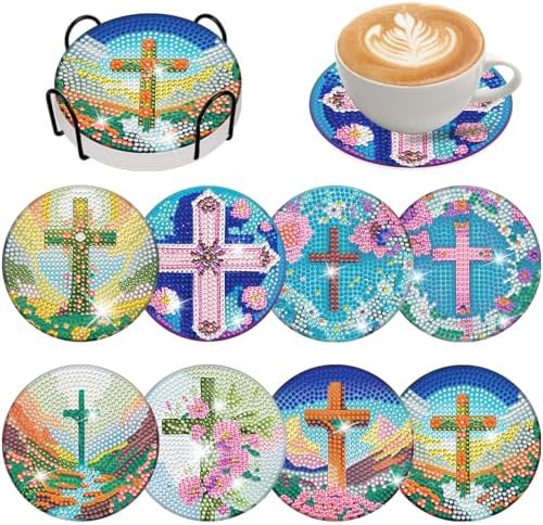 8 Pieces Crosses Diamond Coasters with Holder DIY Crosses Diamond Art Coasters 5d Full Drill Diamond Art Decor Acrylic Round Cup Coaster with Cork Pads for Adults by Demonwer