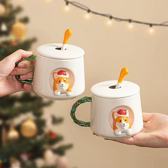 Cute Dog Couple Cup, Ceramic Coffee Mug with a Lid, Family Cup, Office Cup, Concave wood grain pattern handle, Cute Shiba Lnu Three-dimensional Design, with Matte Texture(420ML) (White Hat)
