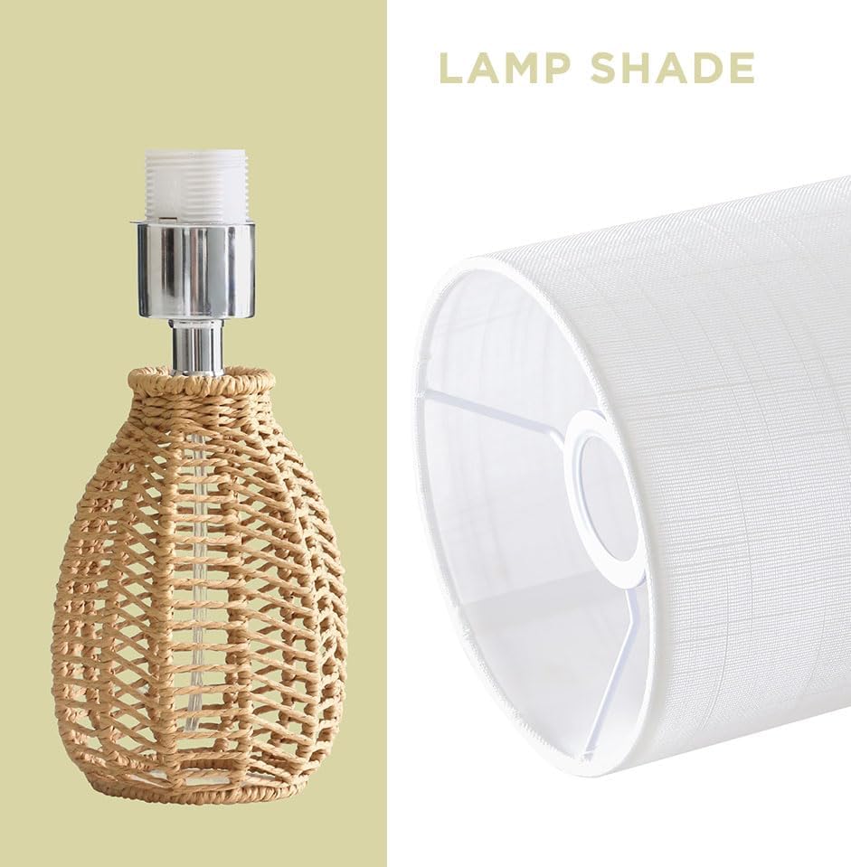 KUNJOULAM Rattan Table Lamp, Small Nightstand Lamp with Linen Fabric Lampshade, Desk Lamp Bedside Lamp for Living Room Home Office, Without Buld - Image 3