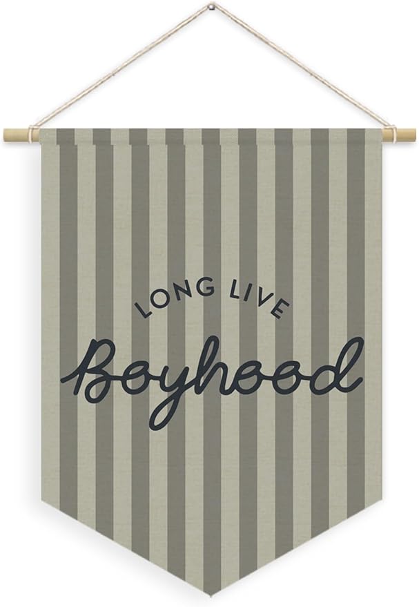 Boys Room Decor, Long Live Boyhood Boy Nursery Linen Canvas Banner, Grey Striped Wall Hanging Pennant Flag Banner for Boys Nursery Kids Toddler Room Bedroom Playroom Decor, 15x11in