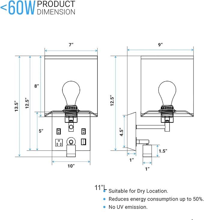 LEDMyplace Wall Sconces Set of 2 LED Indoor Wall Sconce, Bedside Light Fixture with USB Ports & Outlet, White Fabric Shade, Black Metal Finish Wall Lamps for Bedroom, Living Room