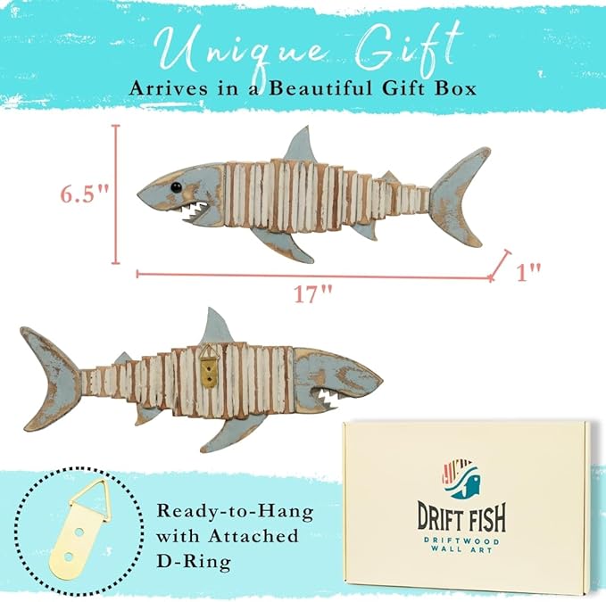 Mint Bucket Brands Driftwood Fish Nautical Wall Decor - 17" x 6. 5" Handmade Wooden Rustic Coastal Wall Art for Living Room, Bedroom, Office, Bathroom - Ocean Beach Decoration (Raya)