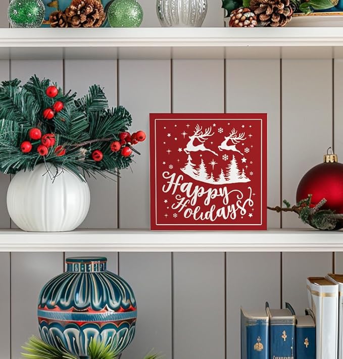 Happy Holiday Christmas Wooden Box Sign, Christmas Desk Decor, Farmhouse Red Christmas Trees Reindeer Snowflake Xmas Wood Signs for Home Office Table Shelf Decoration, 5x5 Inch