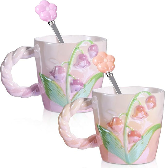Yoiemivy 2 Pack Cute Coffee Mugs 3D Flower Ceramic Mugs 13 oz Aesthetic Floral Cups Christmas Birthday Gifts for Women Friends Family Flower Lovers