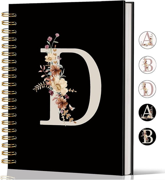 Lacama Black Initial Letter D School Notebook Journal, Aesthetic Wildflower Personalized Spiral Notebook, School Supplies, Customized Monogrammed Gifts, Birthday Gifts for Women, Office Supplies