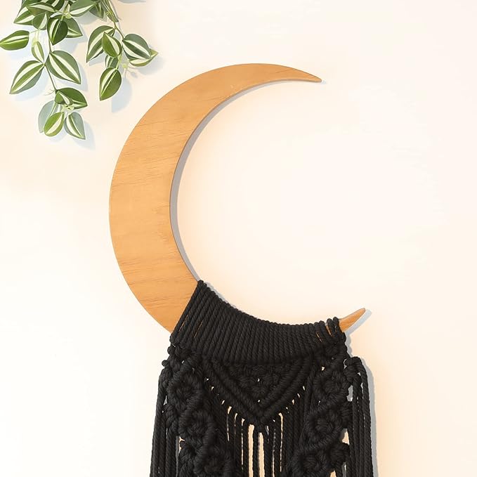 ANROYE Macrame Wall Hanging Boho Moon Decor, Bohemian Crescent Wooden Ornament with Long Tassel, Handmade Unique Wood Tapestry Home Decoration Wall for Dorm Bedroom Nursery Living Room Gift