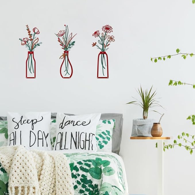 Bochino 3 PCS Metal Flowers Wall Arts, Rustic Farmhouse Decor Minimalist Flower Wall Decors for Living Room Bathroom Bedroom Dining Room Kitchen, Perfect Housewarming Gifts (K-Red)