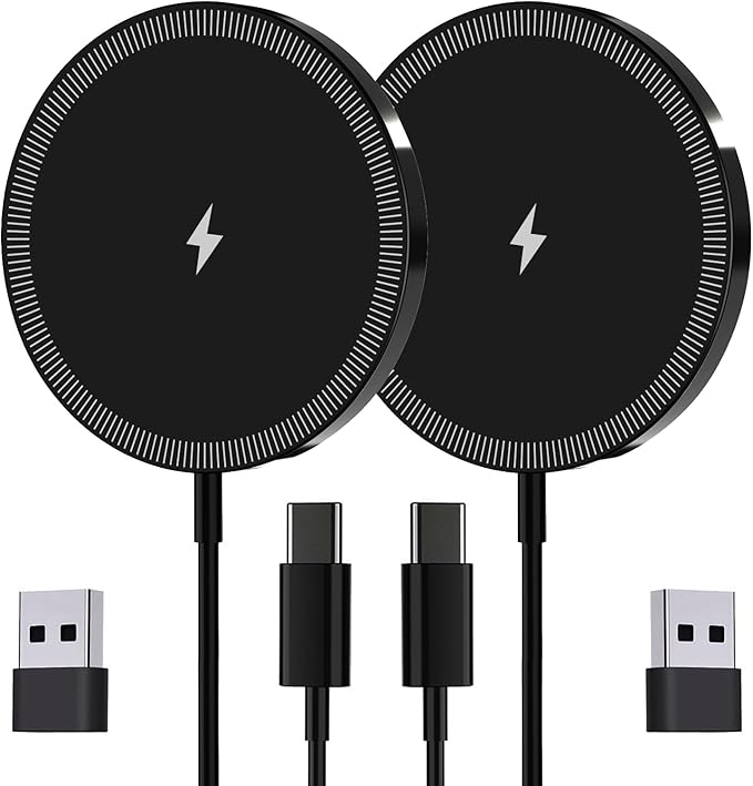 for MagSafe Charger 2 Pack 15W Magnetic Wireless Charging Pad for iPhone 17 16 15 14 13 12 Air Pro Max Plus mini/AirPods 2 3 Pro, Slim Portable Strong Magnet Quick Charger, USB-C/A Ports, Black