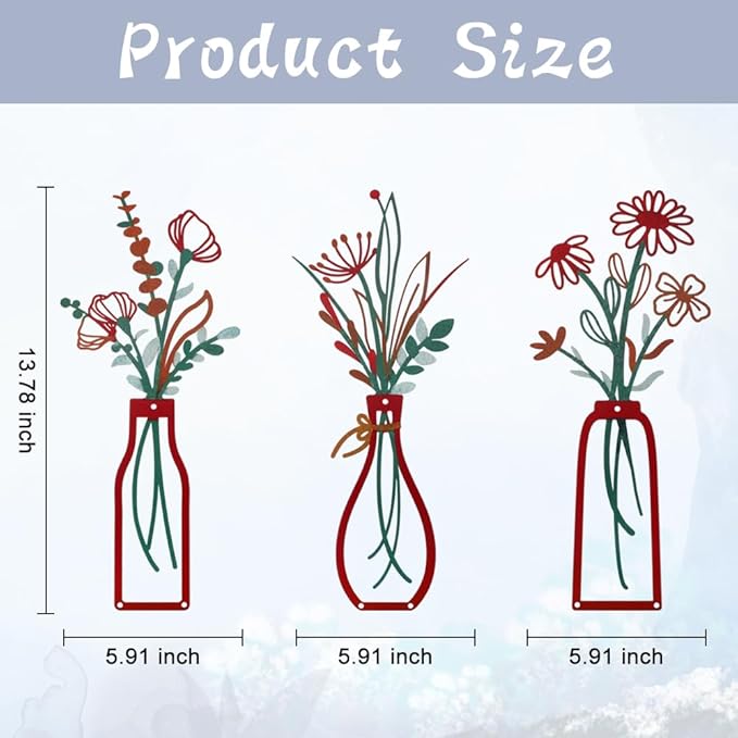 Bochino 3 PCS Metal Flowers Wall Arts, Rustic Farmhouse Decor Minimalist Flower Wall Decors for Living Room Bathroom Bedroom Dining Room Kitchen, Perfect Housewarming Gifts (K-Red)