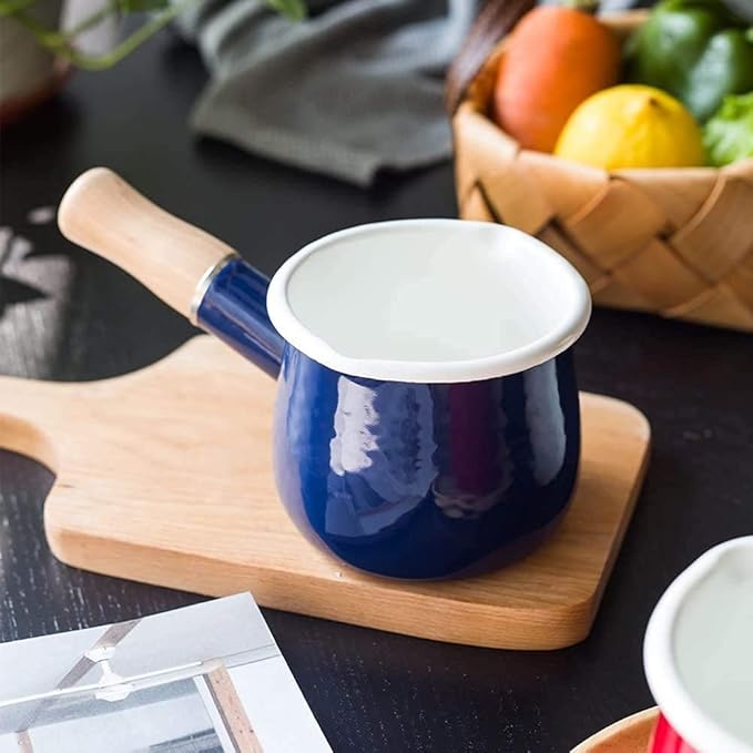 Enamel Milk Pot, Small Saucepan Milk Pot Butter Warmer 4 Inch 17 Oz Enamel Small Sauce Pan with Wooden Handle, Perfect Size for Heating Smaller Liquid Portions. (Blue）