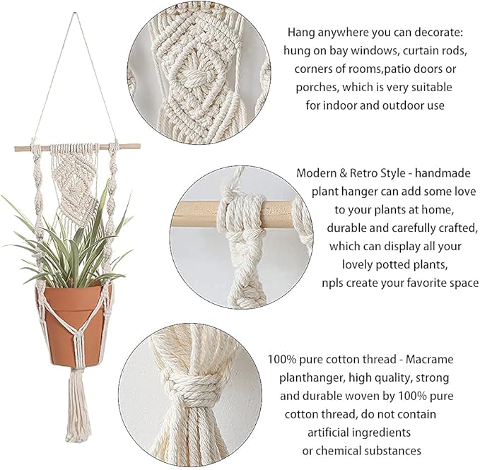 Artilady Boho Macrame Plant Hangers - Handmade Hemp Rope Hanging Baskets for Plants with Ceiling Hooks, Bohemian Home Decor Wall Art