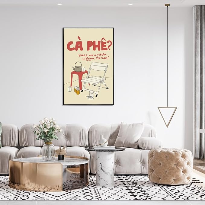 Metal Black Frame Vintage Vietnamese Coffee Culture Wall Art Outdoor Folding Chair Tea Set Canvas Poster Meet Me At 5 Am In Saigon Vietnam Print Minimalist Decor for Living Room Decoration 8x12inch