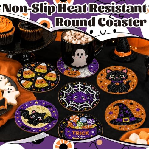 8 Pcs Halloween Diamond Art Coasters Cute Cat Spider Pumpkin Bat Ghost Diamond Art Painting Coasters with Holder DIY Crafts Kits for Halloween Party Decor Gift - Image 6