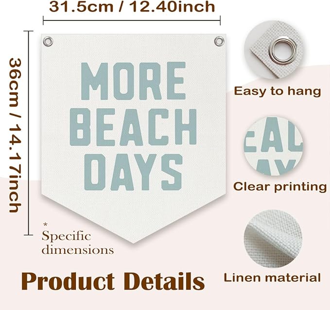Lacama Beach Theme Wall Decor for Boys Room, Coastal Kids Playroom Nursery Hanging Sign, More Beach Days Linen Canvas Banner, Rustic Nautical Surf, 12.4x14 in