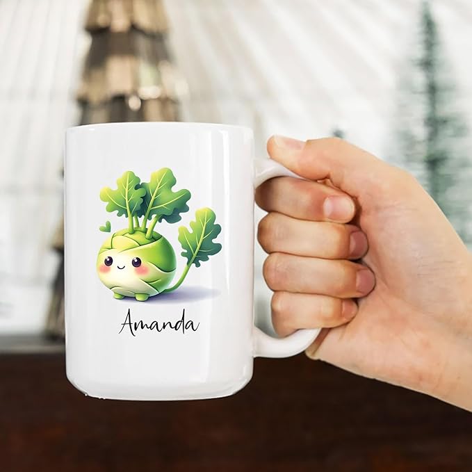 Personalized Name Kohlrabi Travel Mug Gift For Vegetable Enthusiasts, Customized Cute Kohlrabi Vegetable White Coffee Cup 11oz 15oz, Kohlrabi Lovers Mug, Vegan Teacup, Funny Kohlrabi Pottery Mug