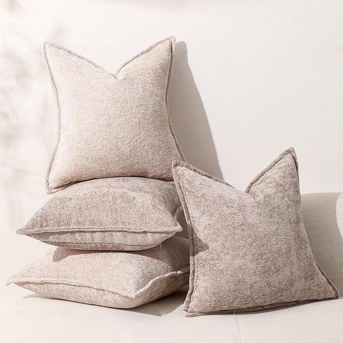Pack of 2 Khaki Decorative Throw Pillow Covers 18x18 Cozy Soft Chenille Accent Vintage Square Couch Pillow Covers for Home Decor Bed Sofa Living Room
