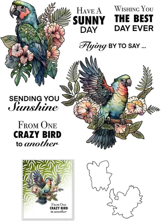 Parrot Branch Flower Stamps and Cutting Dies for Card Making DIY Transparent Silicone Clear Stamp and Metal Die Cuts Sets for Scrapbooking Paper Greeting Cards Decor Seals Craft Supplies