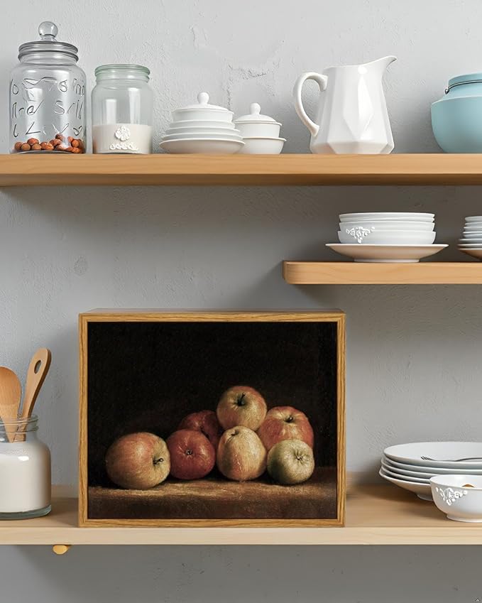 VIYYIEA Vintage Framed Apple Wall Art, Kitchen Bedroom Dining Room Fruit Art Decor, Still life of apples Canvas Print Paintings, French Country Home Farmhouse Dark Decor, 12x16 Inch