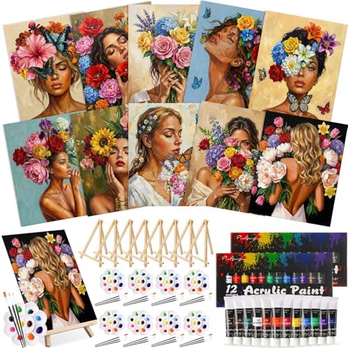 Ctosree 72 Pcs Flower Woman Paint and Sip Kit for Adults 8'' x 10'' Pre Drawn Canvas for Painting DIY Pre Printed Canvas for Party Favor Acrylic Painting Kit Wood Easel Brushes Date Night Bulk by Ctosree