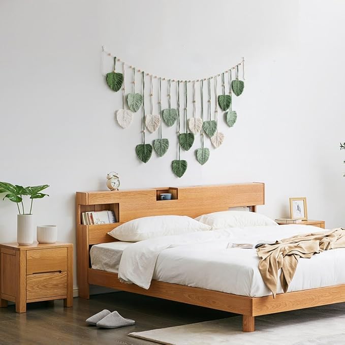 Avoik Macrame Woven Wall Hanging Tapestry Boho Chic Home Decor Woven Green Leaf Large Tapestry Wall Art Decor Handmade Feather for Bedroom Living Room Apartment Hanging Decorations, 47x29 inch