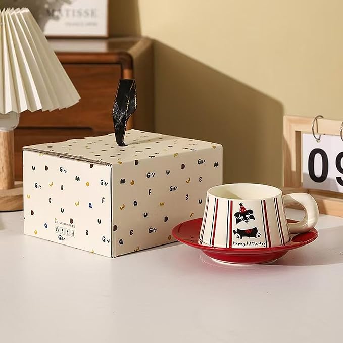 Cute Dog Couple Cup with Thick Grip, Ceramic Coffee Mug with Spoon, Gifts Suitable for Birthdays, Christmas, Halloween and Family Gatherings (Double Stripe)