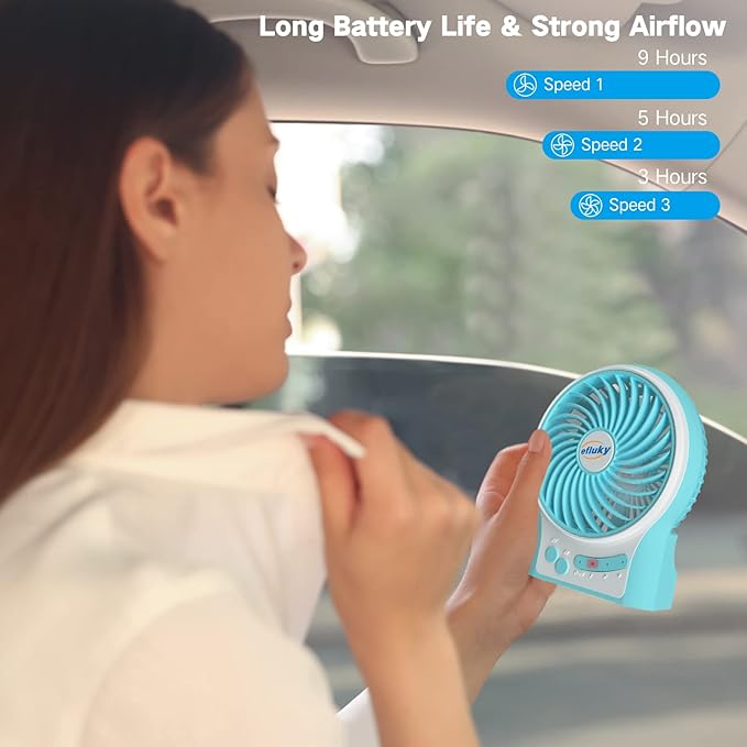 efluky 3 Speeds Mini Desk Fan, Rechargeable Battery Operated with LED Light