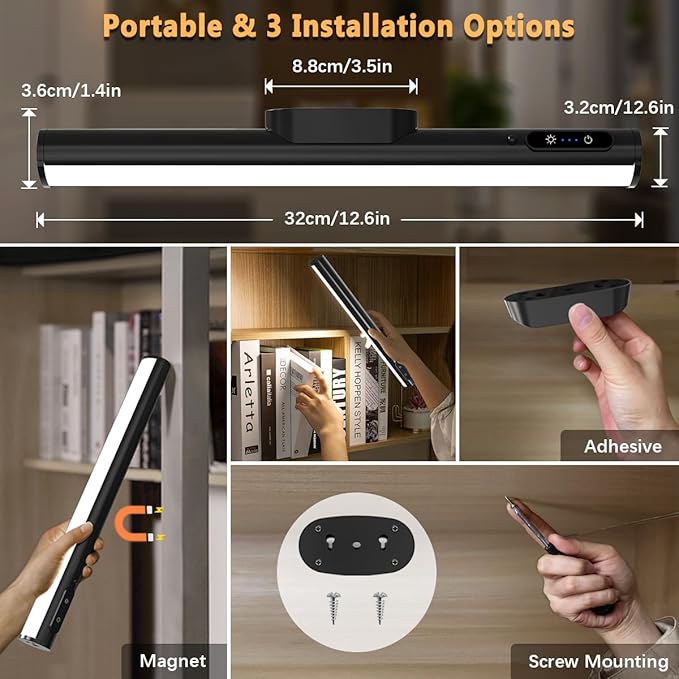 Rechargeable Magnetic LED Light Bar with Remote, Under Cabinet Lighting Wireless, Battery Powered Operated Wall Strip Lights, Dimmable Desk Lamp for Shelf Closet Picture Kitchen - Black