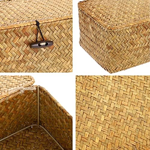 Hipiwe Wicker Shelf Baskets Bin with Lid Woven Seagrass Storage Box, Large - Image 3
