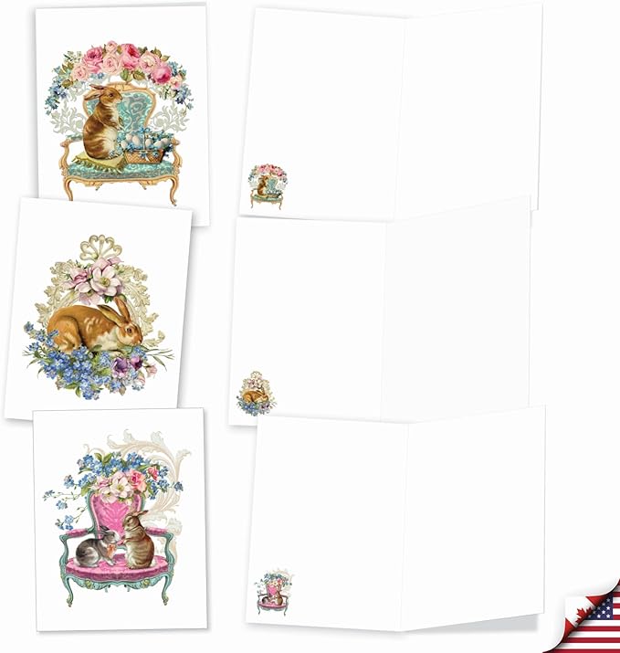 The Best Card Company - 20 Blank Note Cards with Envelopes (4 x 5.12 Inch) - All Occasion Animal Card Assortment (10 Designs, 2 Each) - Victorian Blooms and Bunnies AM3513OCB-B2x10