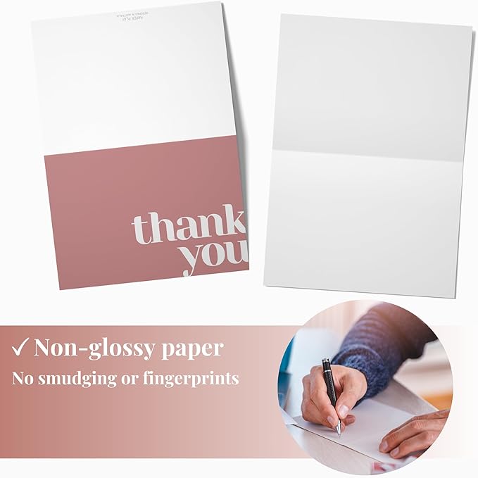 Paper Play Thank You Cards Bulk Pack of 40 Pink, 5x3.5 Inches with Matching Stickers & Envelopes, Minimalistic Design Suitable for Business, Baby Shower, Wedding, Small Business, Graduation, Funeral