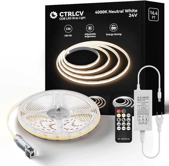 CtrlCV COB 24V LED Strip Light, Adjustable Brightness Strip Light, 16.4ft, CRI90+, DC Connector, for DIY Home Lighting, Living Room, Bedroom (with 18-Key IR Remote Control, Adapter) (4000K, 16.4ft)