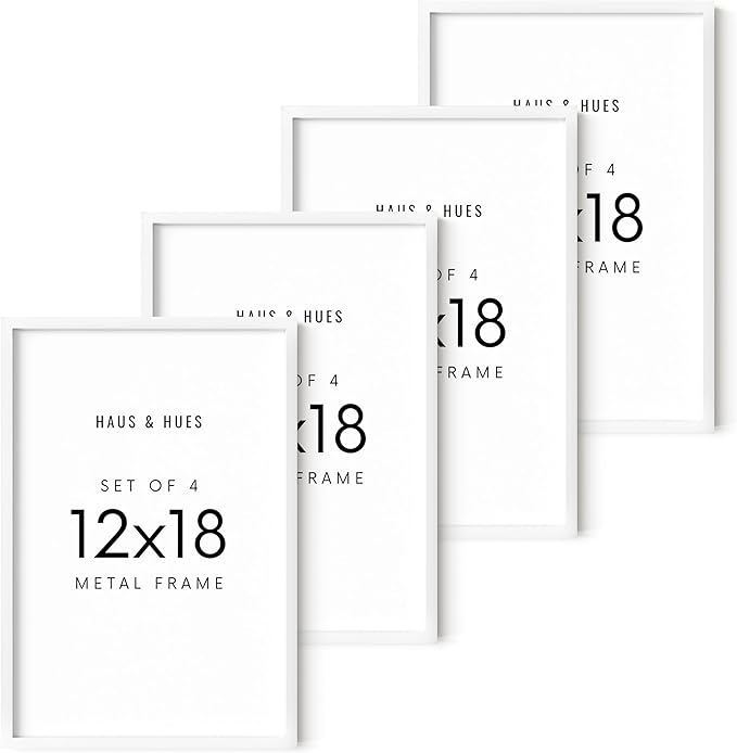 HAUS AND HUES 12x18 White Aluminum Frame Set of 4 - Premium Build, Vertical & Horizontal Hanging, Shatterproof Plexiglass (12x18 in, White)