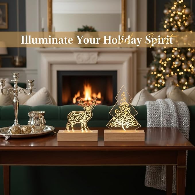 Young's Inc Acrylic LED Deer & Christmas Tree Light-Up Tabletop Decor, Set of 2 Warm White Glow with Timer, Wooden Base, Holiday Mantel, Entryway & Office Christmas Decorations