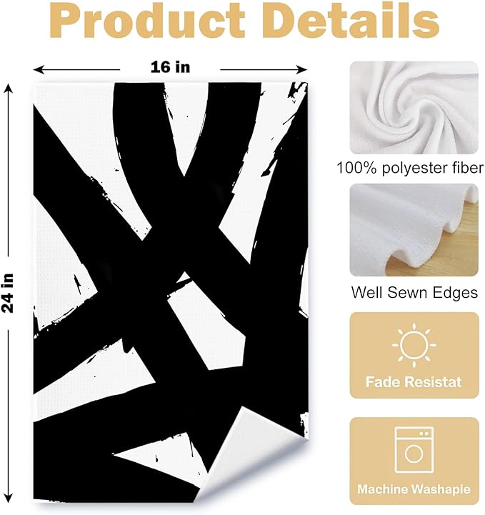 Abstract Black and White Kitchen Towels Set of 2, Modern Black and White Dish Tea Towels for Kitchen, Abstract Decor Hand Towels, Modern Bathroom Decor, 16x24 Inches