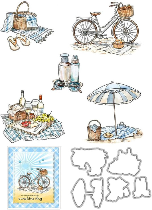 Summer Beach Umbrella Bicycle Stamps and Cutting Dies for Card Making DIY Transparent Silicone Clear Stamp and Metal Die Cuts Sets for Scrapbooking Paper Greeting Cards Decor Seals Craft Supplies